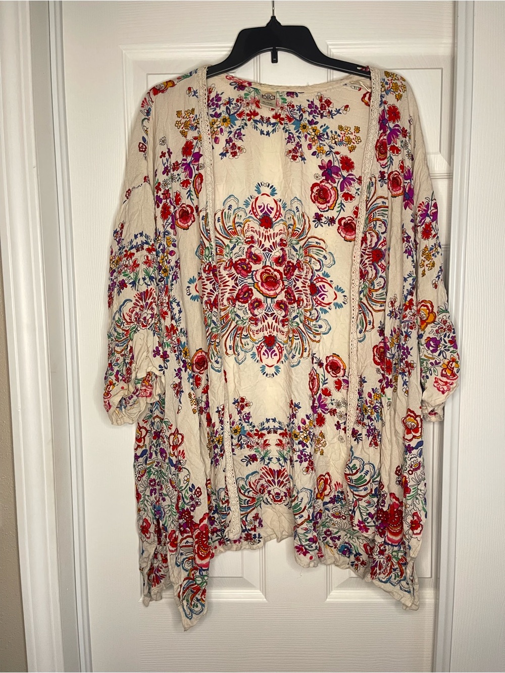 Bila Boho Floral Open Front Kimono Cardigan XL/XXL Ivory Festival Duster
